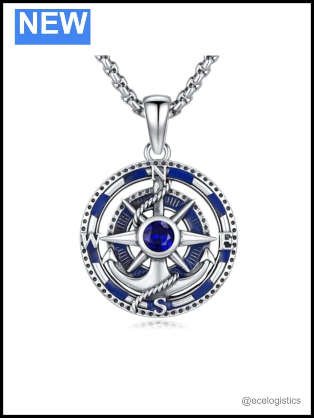 Sterling Silver Anchor Compass Pendant Necklace CZ Graduation Nautical
